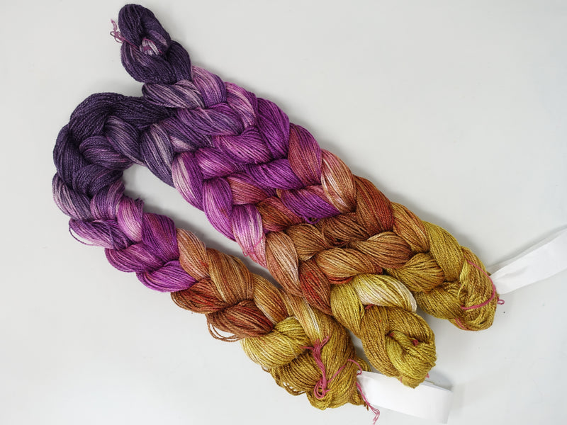 Hand Dyed Gradient Warp- Tussah Silk 2/8NM ~400m per 100g. 150 ends. ~2.2m & 4.8m warp length