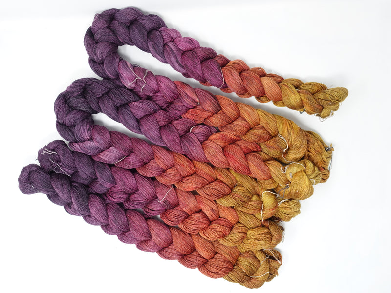 Hand Dyed Gradient Warp- Superfine Merino, Cashmere, Rose Rayon ~800m per 100g, 320 ends ~2.2m or 5m length