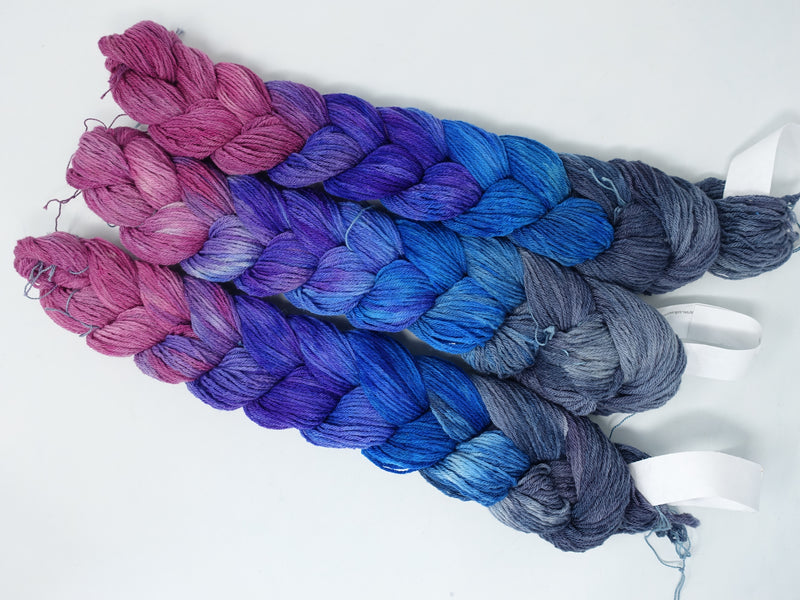 Hand Dyed Gradient Warp- Superfine Merino & Camel 4/16NM ~400m per 100g. 160 ends. ~2.2m length