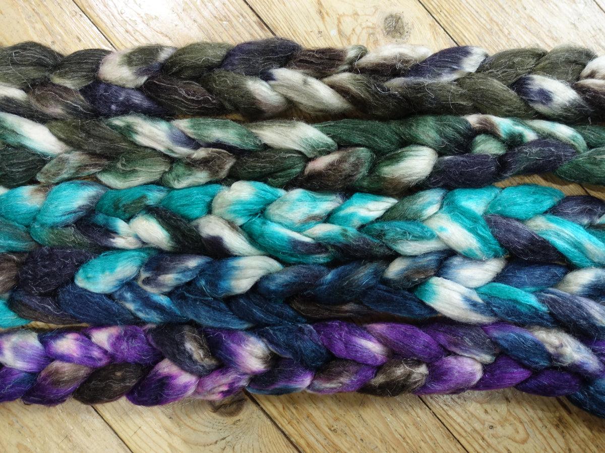 Fade Pack- Romney, Silk & Linen, 5 co-ordinating braids, Hand Dyed Wool, 500g