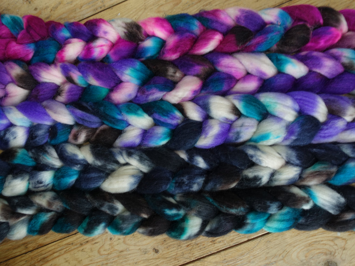 Fade Pack- Superwash Cheviot Silk & Bio-Nylon, 5 co-ordinating braids, Hand Dyed Wool, 500g