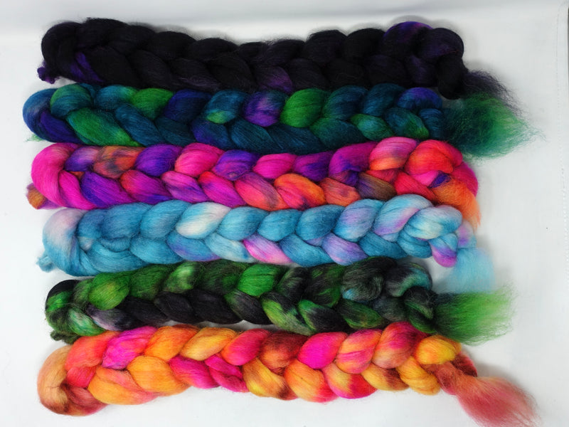 Dyers Half-Dozen- Superwash Cheviot, Silk & Bio-Nylon, 6 co-ordinating mini braids, Hand Dyed Wool, 360g