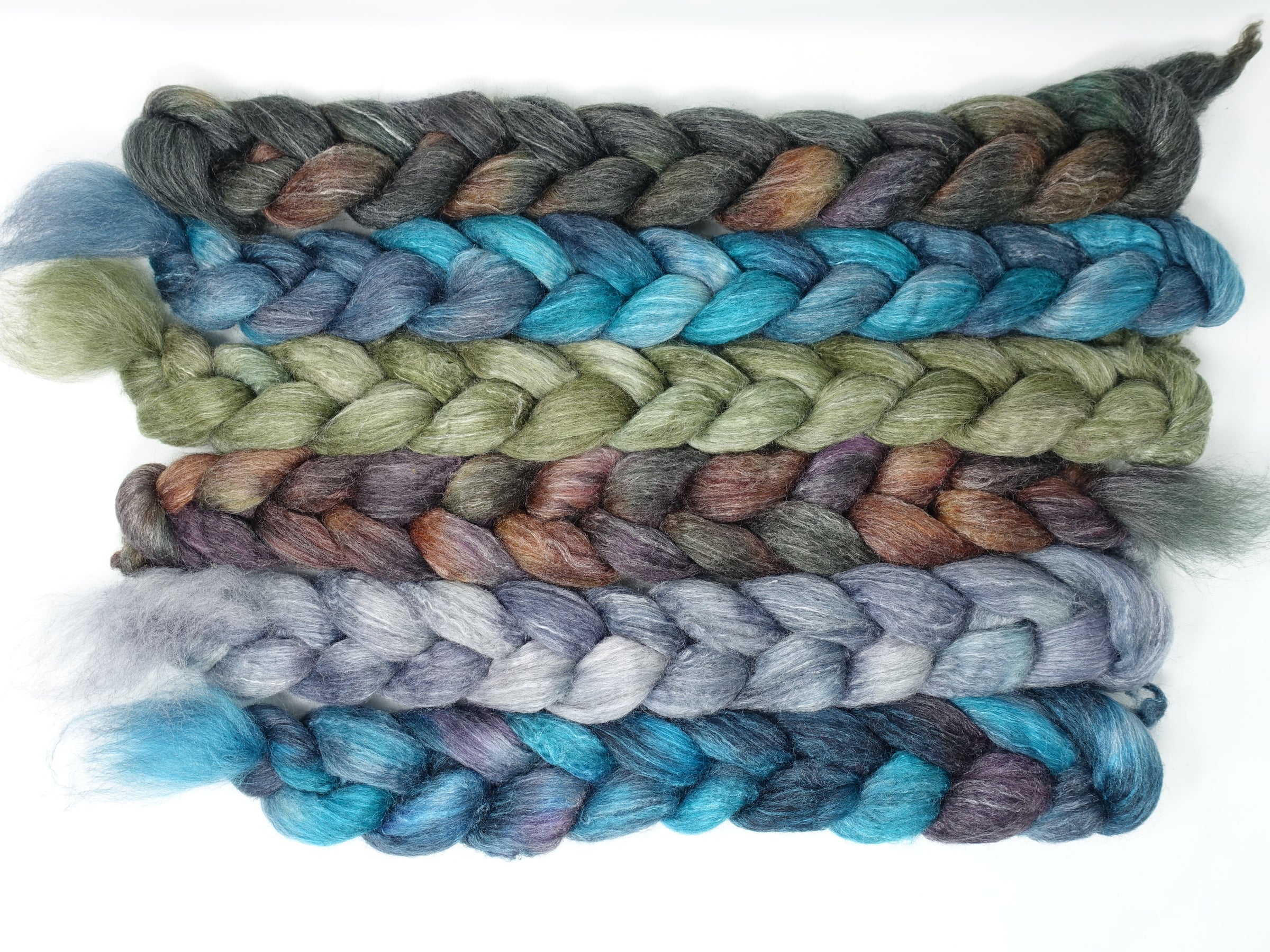 Dyers Half-Dozen- Corriedale & Lotus, 6 co-ordinating mini braids, Hand Dyed Wool, 360g