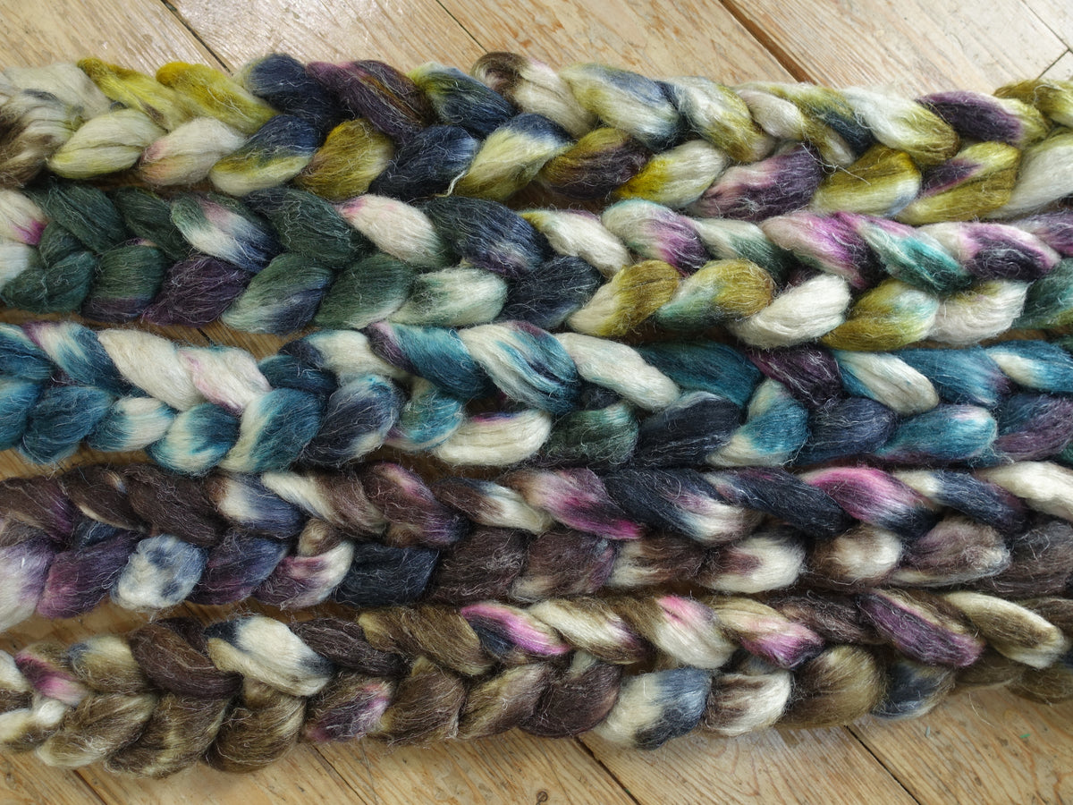 Fade Pack- Romney, Silk & Linen, 5 co-ordinating braids, Hand Dyed Wool, 500g