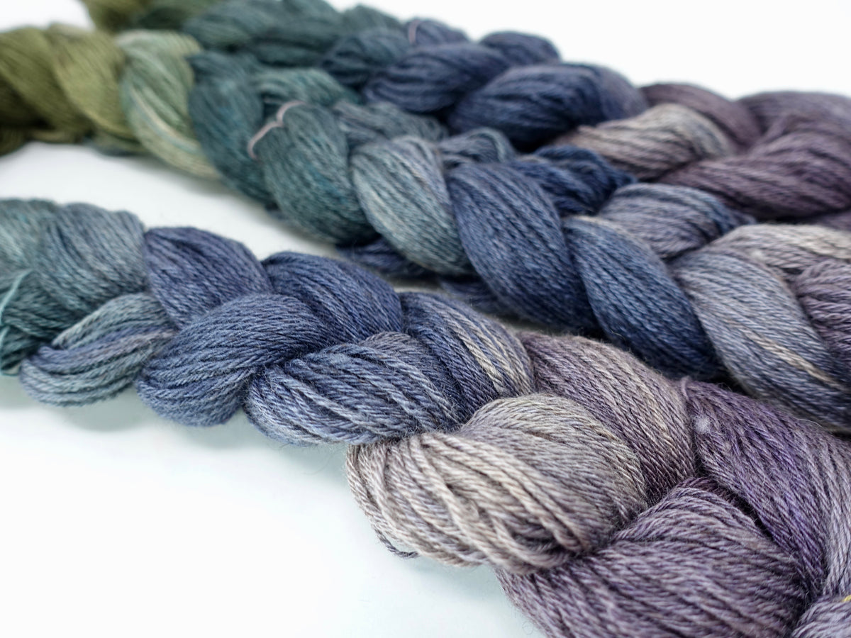 Hand Dyed Gradient Warp- Polwarth, Yak & Silk ~400m per 100g. 150 ends. ~2.3m or 4.8m length